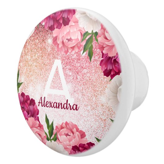 Modern Roze Monogram Glitter Floral Keramische Knop (Rechts)