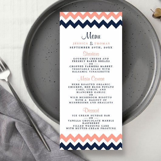 Modern Roze & Navy Chevron Wedding Menu