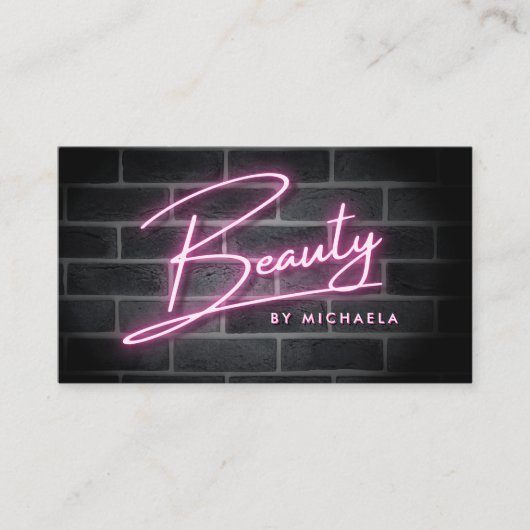 Modern roze neon 'schoonheid' teken op bakstenen m visitekaartje (Voorkant)