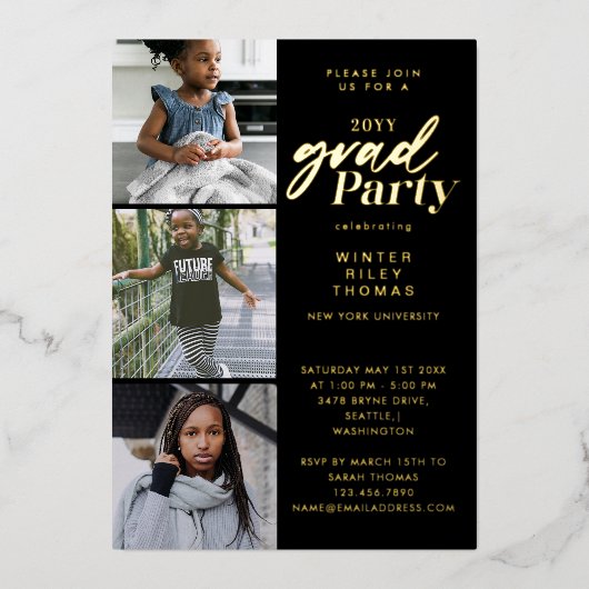 Modern Roze Nu & Toen 3 Foto Graduation Party Folie Uitnodiging (Voorkant)