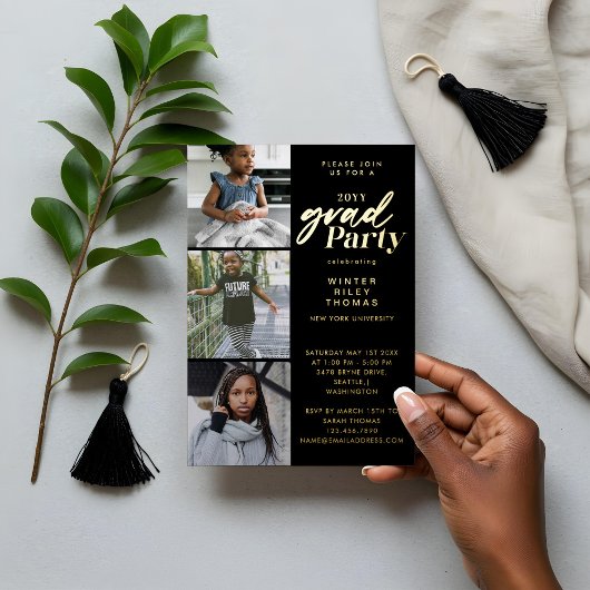 Modern Roze Nu & Toen 3 Foto Graduation Party Folie Uitnodiging