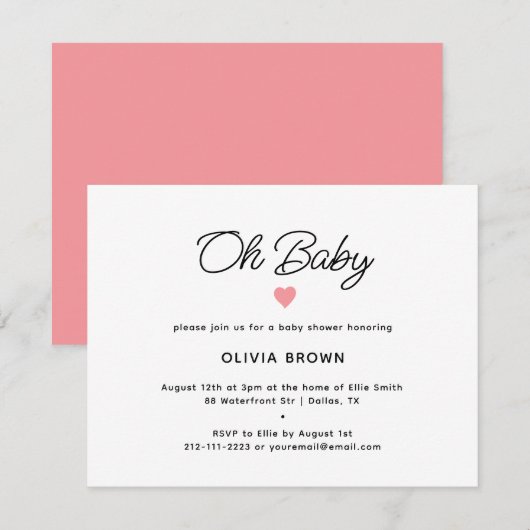 Modern Roze Oh Baby shower Invitation Informatiekaartje (Voorkant / Achterkant)