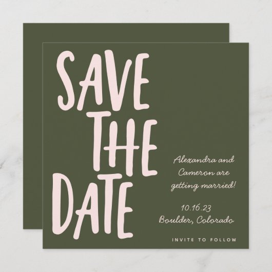 Modern roze olijfgroen handschrift bruiloft save the date (Voorkant / Achterkant)