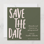 Modern roze olijfgroen handschrift bruiloft save the date (Voorkant)
