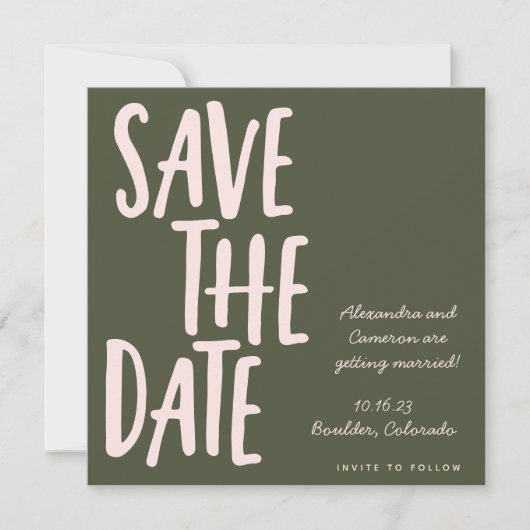Modern roze olijfgroen handschrift bruiloft save the date (Voorkant)