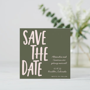 Modern roze olijfgroen handschrift bruiloft save the date