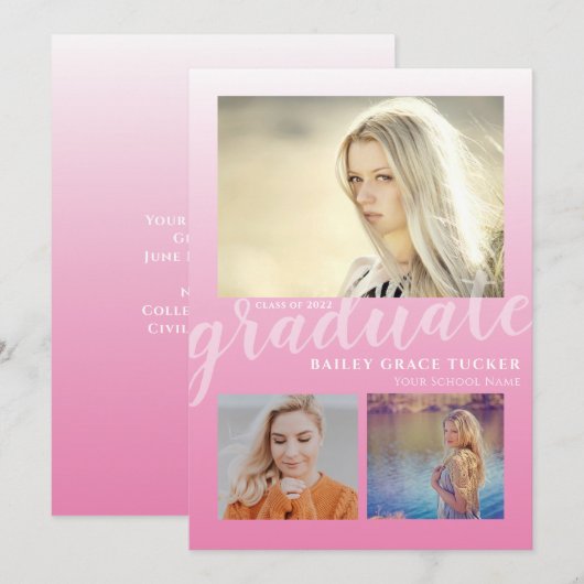 Modern Roze Ombre Afstuderen 3 foto's Afstuderen Aankondiging (Voorkant / Achterkant)