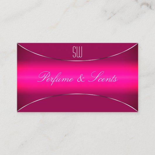 Modern Roze Ombre met Zilveren Grens en Monogram Visitekaartje (Voorkant)