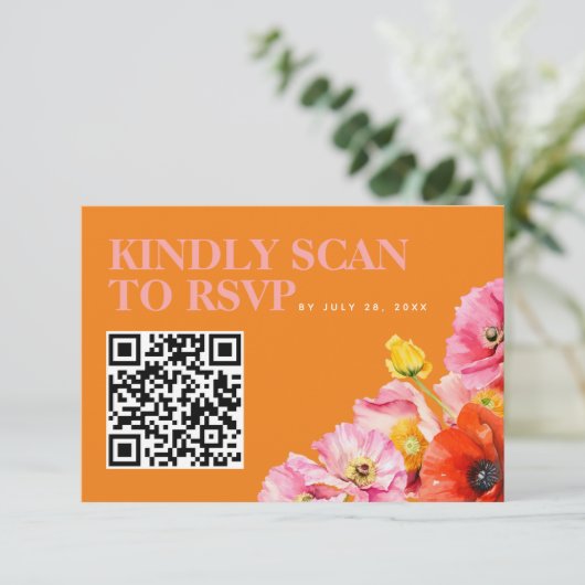 Modern Roze Oranje Geel Huwelijk QR Code RSVP Informatiekaartje (Staand voorkant)