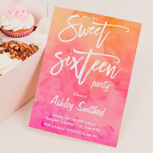 MOdern roze oranje waterverf typografie Sweet 16 Kaart