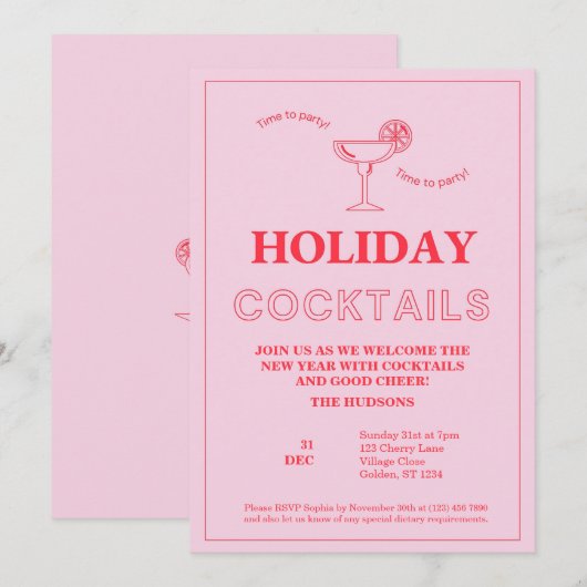 Modern Roze Oudejaarsavond cocktail party Feestdagenkaart (Voorkant / Achterkant)