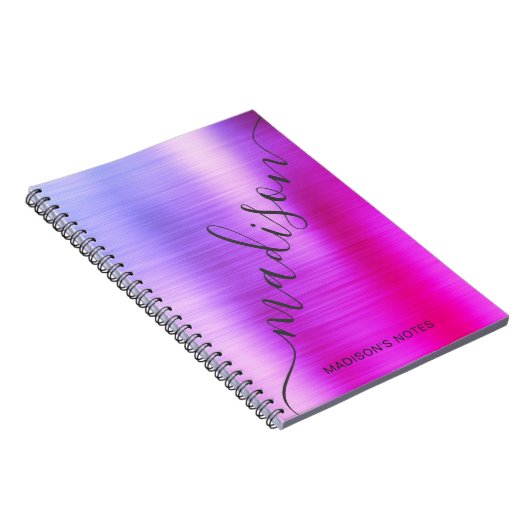 Modern roze Paars Ombre Metal Monogram Script Notitieboek (Rechterzijde)