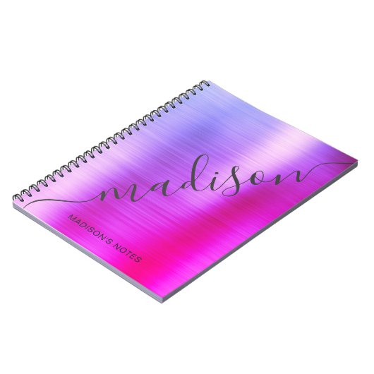 Modern roze Paars Ombre Metal Monogram Script Notitieboek (Linkerzijde)