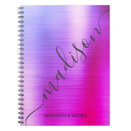 Modern roze Paars Ombre Metal Monogram Script Notitieboek