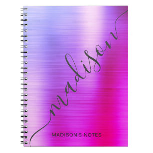 Modern roze Paars Ombre Metal Monogram Script Notitieboek