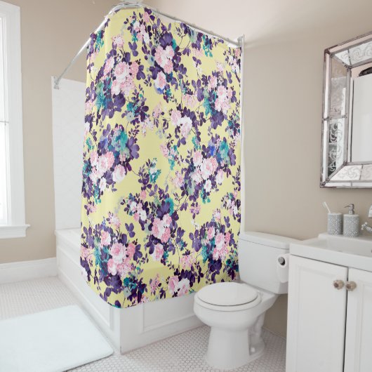 Modern  roze paarse gele bloemenglitter douchegordijn (In situ)