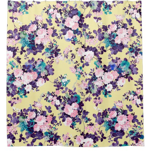 Modern  roze paarse gele bloemenglitter douchegordijn (Voorkant)