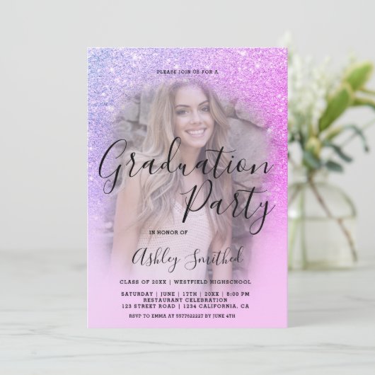 Modern roze paarse glitter ombre afstuderen kaart (Staand voorkant)