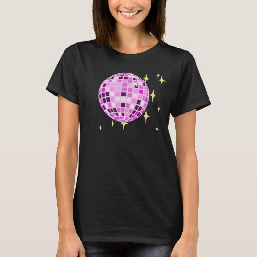 Modern Roze Paarse Retro Disco Ball Zwart T-shirt (Voorkant)