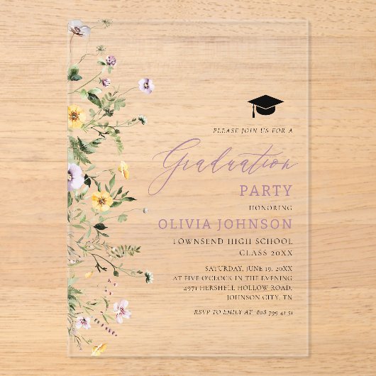Modern Roze Paarse Wildflower Afstudeerfeest Acryl Uitnodigingen (Voorkant)