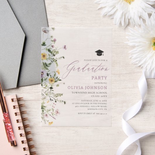 Modern Roze Paarse Wildflower Afstudeerfeest Vellum Uitnodigingen (Huwelijk)