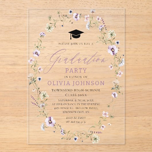 Modern Roze Paarse Wildflower Afstuderen Acryl Uitnodigingen (Voorkant)