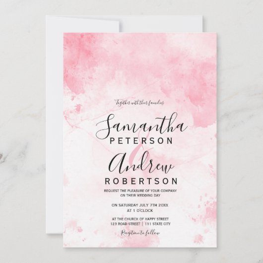 Modern roze pastel waterverf typografie bruiloft kaart (Voorkant)