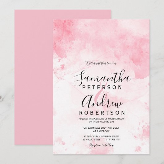 Modern roze pastel waterverf typografie bruiloft kaart (Voorkant / Achterkant)