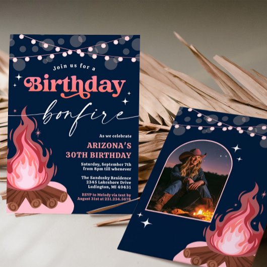 Modern Roze + Peach Verjaardag Bonfire uitnodiging