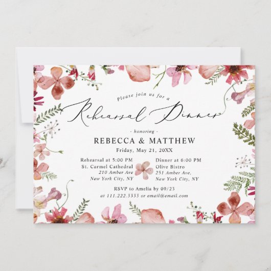 Modern roze perzik bruiloft repetitie diner kaart (Voorkant)