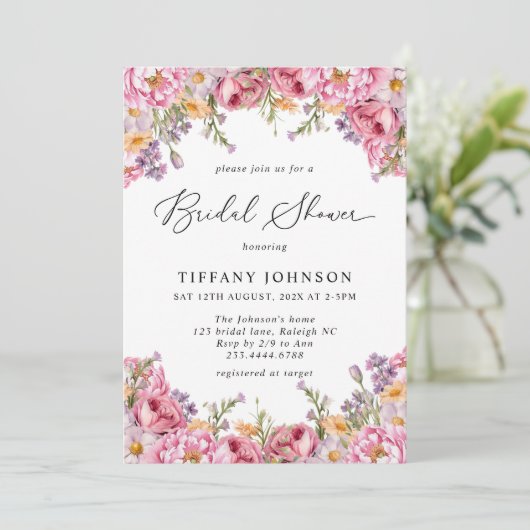 Modern roze pioenrozen bloemig Vrijgezellenfeest Kaart (Staand voorkant)