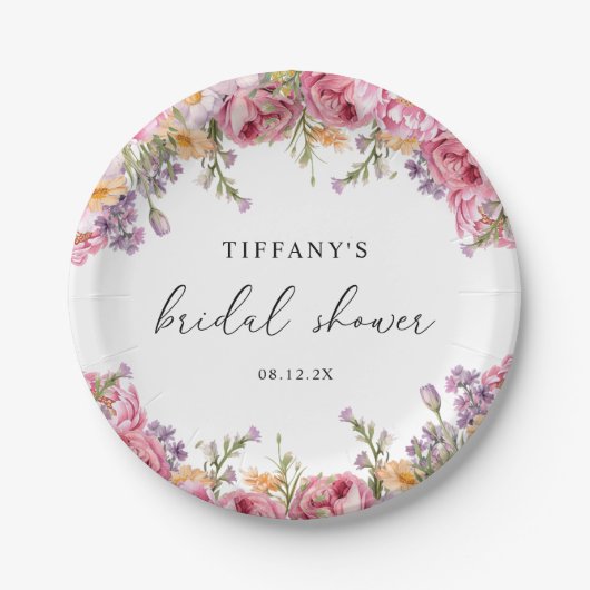 Modern roze pioenrozen bloemig Vrijgezellenfeest Papieren Bordje (Voorkant)