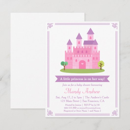 Modern Roze Prinses Kasteel Baby Meisje Douche Par Kaart (Voorkant / Achterkant)