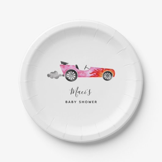Modern Roze Race Auto Meisje Baby shower Papieren Bordje (Voorkant)