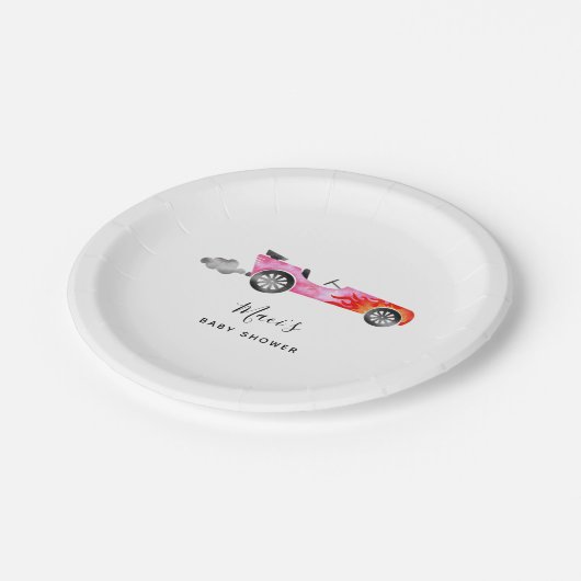 Modern Roze Race Auto Meisje Baby shower Papieren Bordje (Gekanteld)