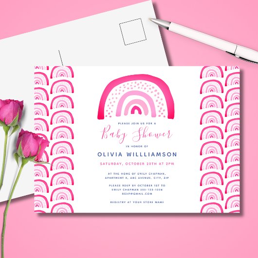 Modern roze regenboog baby shower briefkaart
