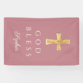 Modern Roze Religieus Kruis Meisje God Zegen Spandoek (Horizontaal)