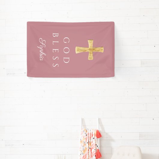 Modern Roze Religieus Kruis Meisje God Zegen Spandoek (Insitu)