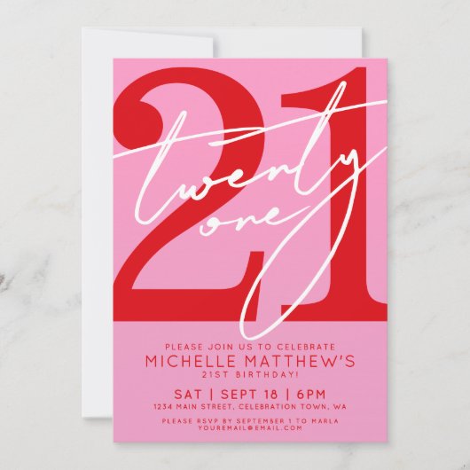Modern Roze Rood 21e Verjaardag Kaart (Voorkant)