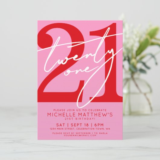 Modern Roze Rood 21e Verjaardag Kaart (Staand voorkant)