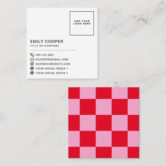 Modern roze rood | Checker Checkerboard Uw Logo Vierkante Visitekaartje (Voorkant / Achterkant)