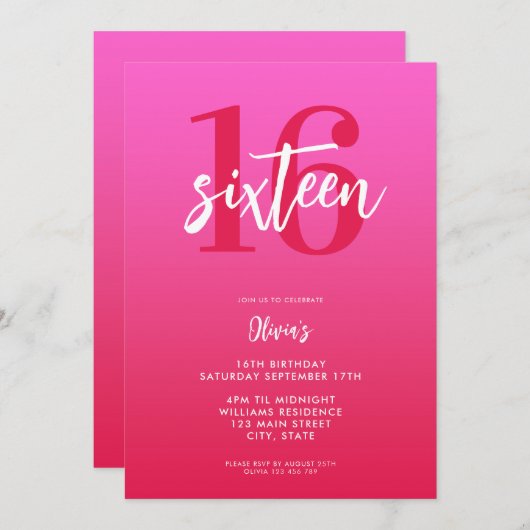 Modern Roze Rood Elegant 16e Verjaardag Kaart (Voorkant / Achterkant)