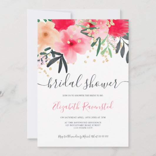 Modern roze rood groen bloemengoud vrijgezellenfee kaart (Voorkant)