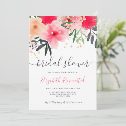 Modern roze rood groen bloemengoud vrijgezellenfee kaart (Staand voorkant)