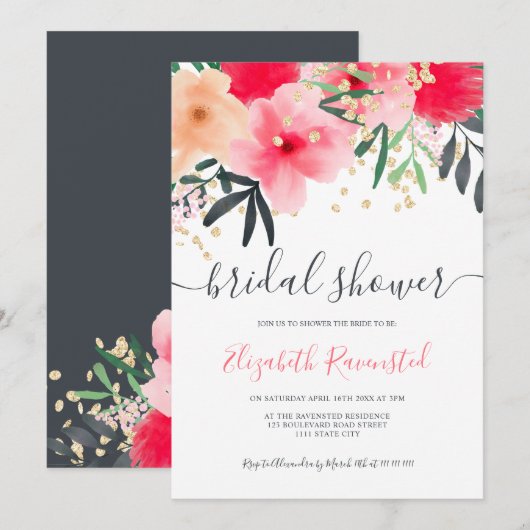 Modern roze rood groen bloemengoud vrijgezellenfee kaart (Voorkant / Achterkant)