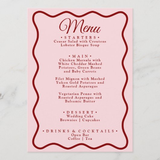 Modern Roze Rood Helder Funky Retro Diner Bruiloft Menu (Voorkant)