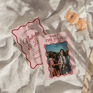 Modern Roze Rood Helder Vet Retro Foto Bruiloft Save The Date