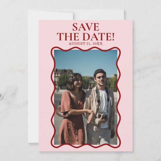 Modern Roze Rood Helder Vet Retro Foto Bruiloft Save The Date (Voorkant)
