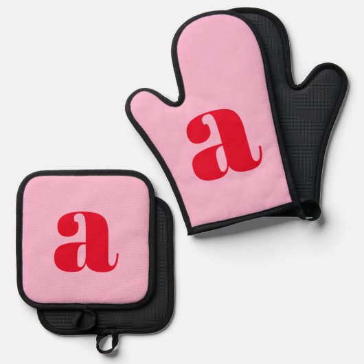 Modern Roze Rood Monogram Initiaal Gepersonaliseer Ovenwant & Pannenlap Set (Voorkant / Achterkant)