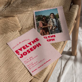 Modern Roze Rood Retro Bold Funky Foto Bruiloft Kaart